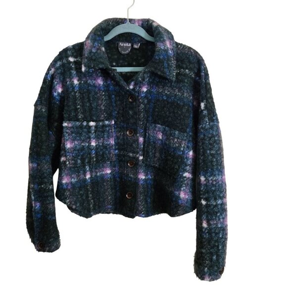 Arula Cropped Cozy Plaid Faux Sherpa Jacket Size 1X - Picture 1 of 6